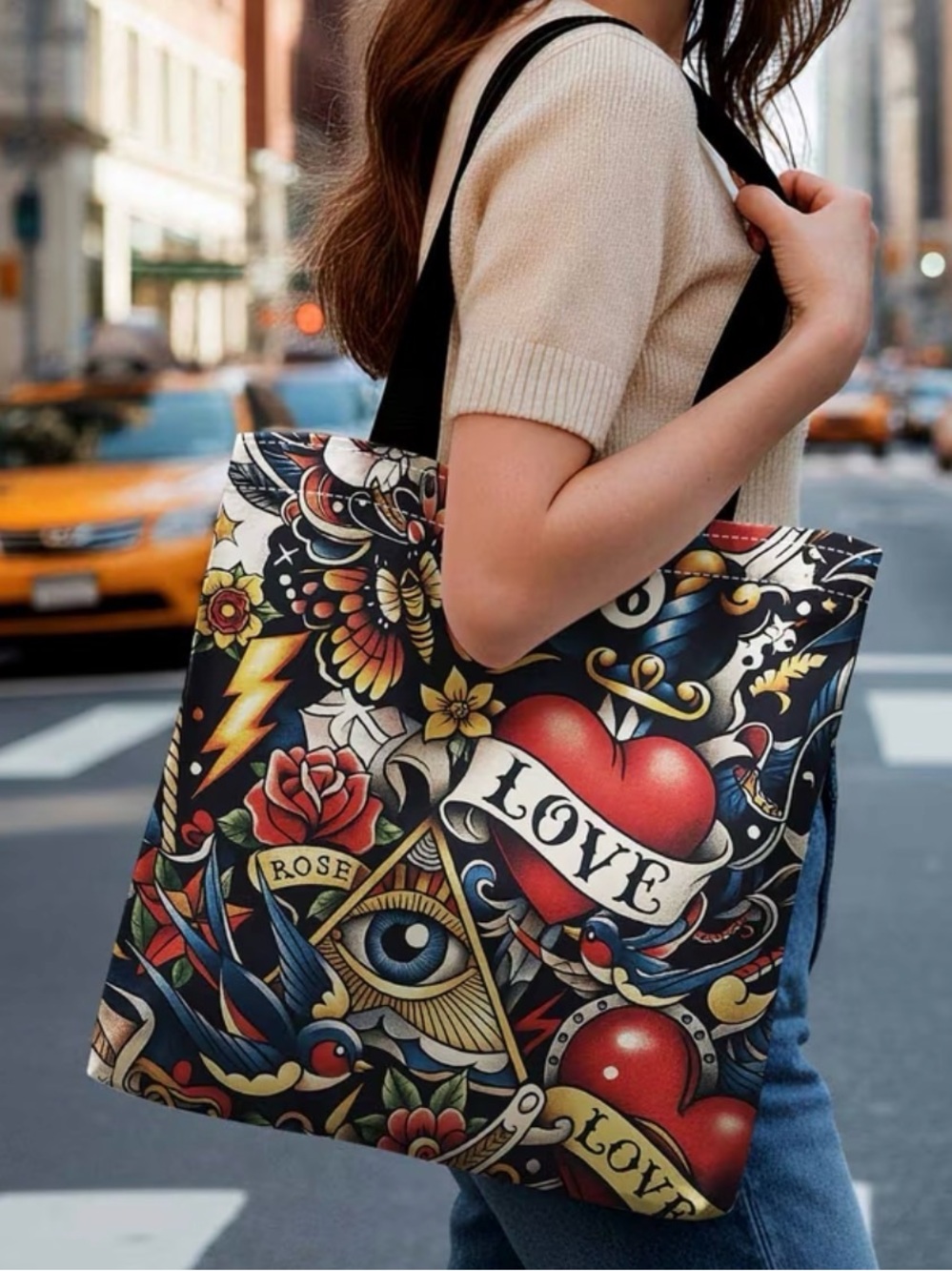 Tattoo-Print Heart & Rose Tote Bag - Black Multi